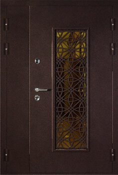 Двухстворчатая дверь со стеклом и ковкой РД-2119 антик медь