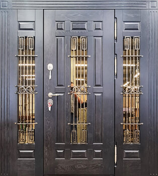 Парадная входная дверь РД-2566 с отделкой МДФ ковкой и стеклом