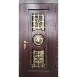 Входная дверь с декоративным львом РД-2608 стекло и ковка по цене от 35600 рублей